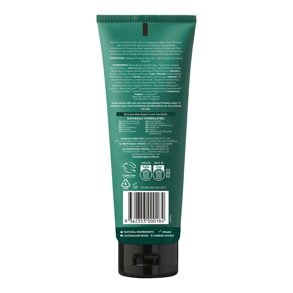The back of a dark green squeeze tube with white text, a barcode, and a black cap, shown on a plain white background.