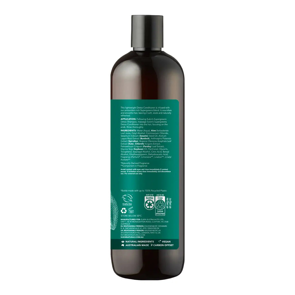 A dark amber-brown bottle of hair conditioner viewed from the back, featuring a black cap and a green label with white text.