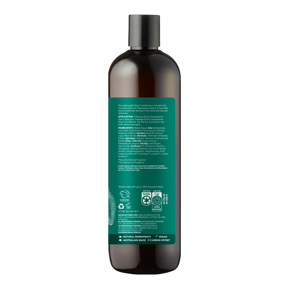 A dark amber-brown bottle of hair conditioner viewed from the back, featuring a black cap and a green label with white text.