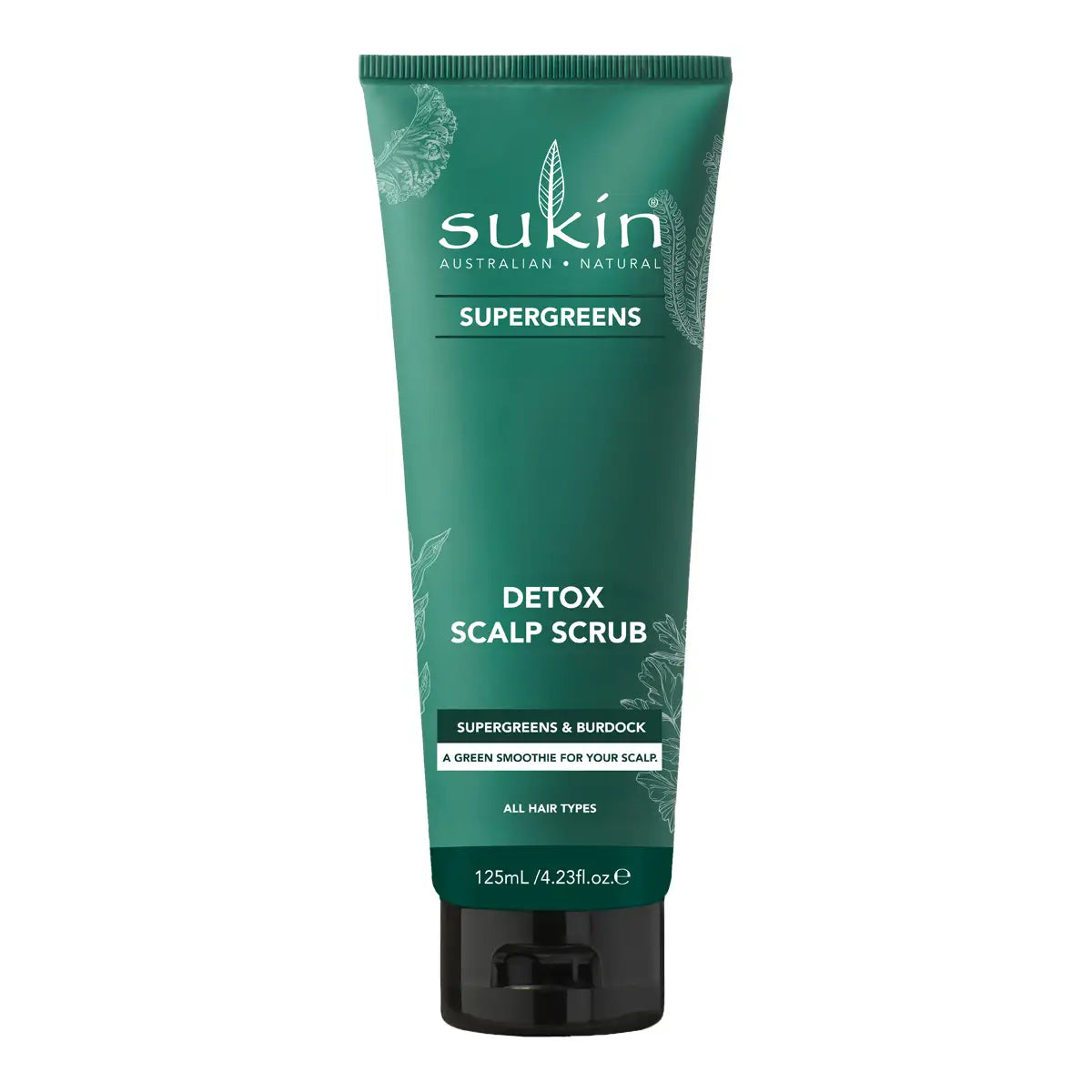 A 125ml squeeze tube of Sukin Supergreens Detox Scalp Scrub, featuring a dark green body with white text and a black cap, set against a plain white background.