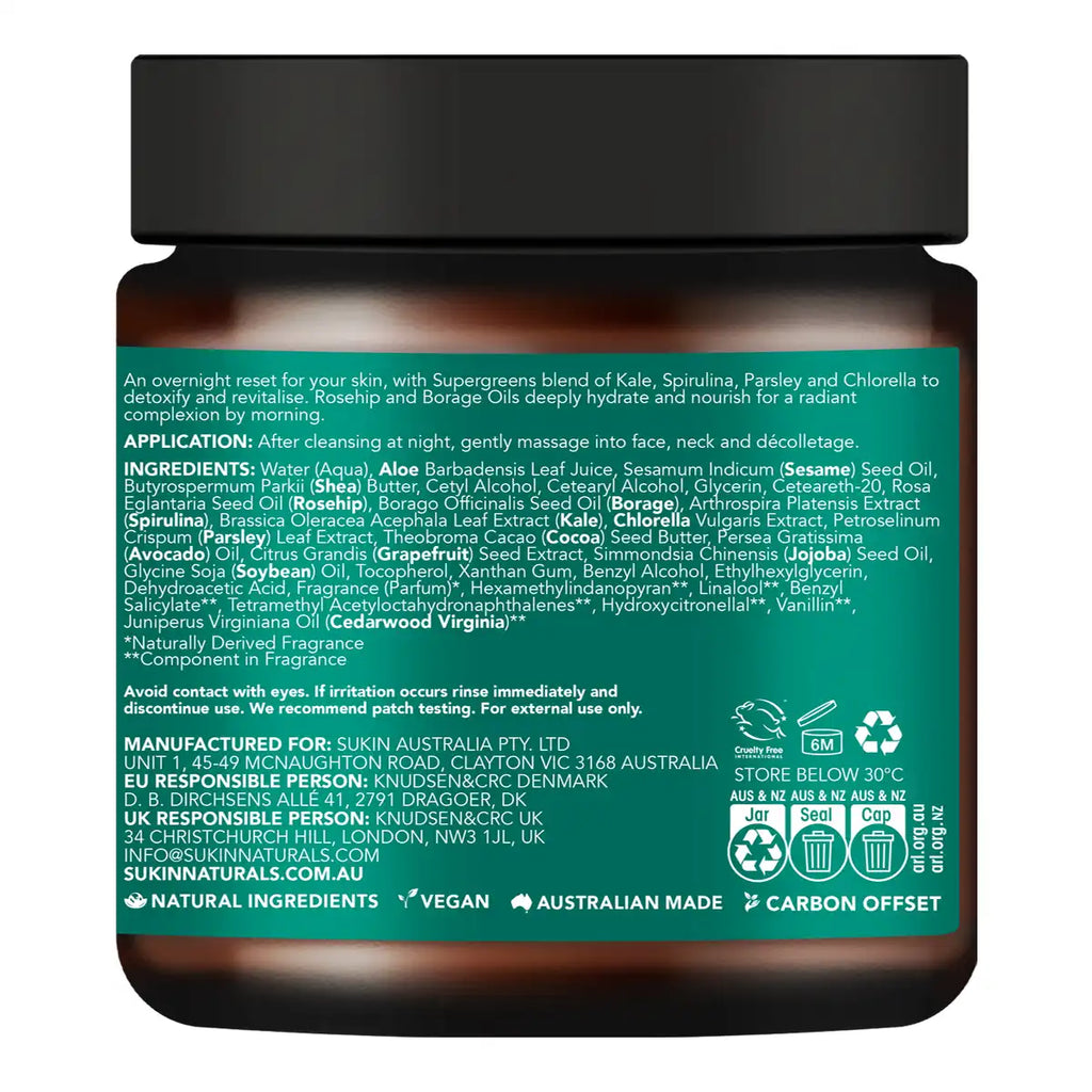 A dark amber glass bottle of skincare serum with a black cap, showing the back of the label with green text detailing ingredients, application, and Australian-made features.