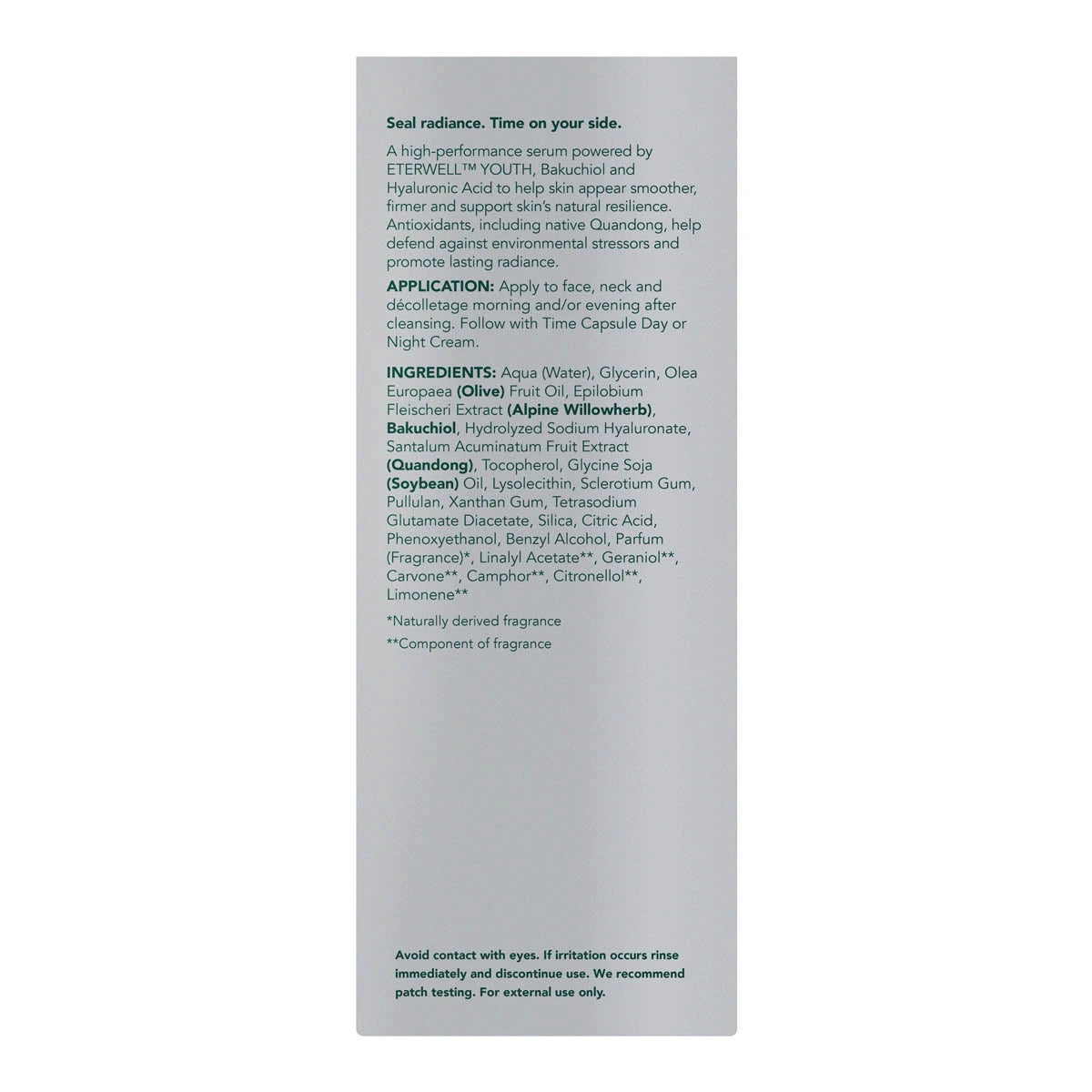 Back of box packaging of Sukin Time Capsules Future Proof Serum showing ingredients, usage instructions and product benefits.