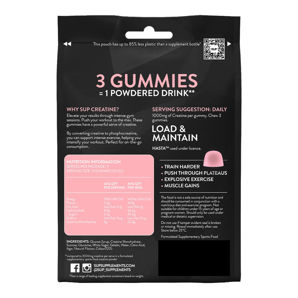 A black supplement pouch labeled '3 GUMMIES = 1 POWDERED DRINK' with pink text and a pink gummy illustration.