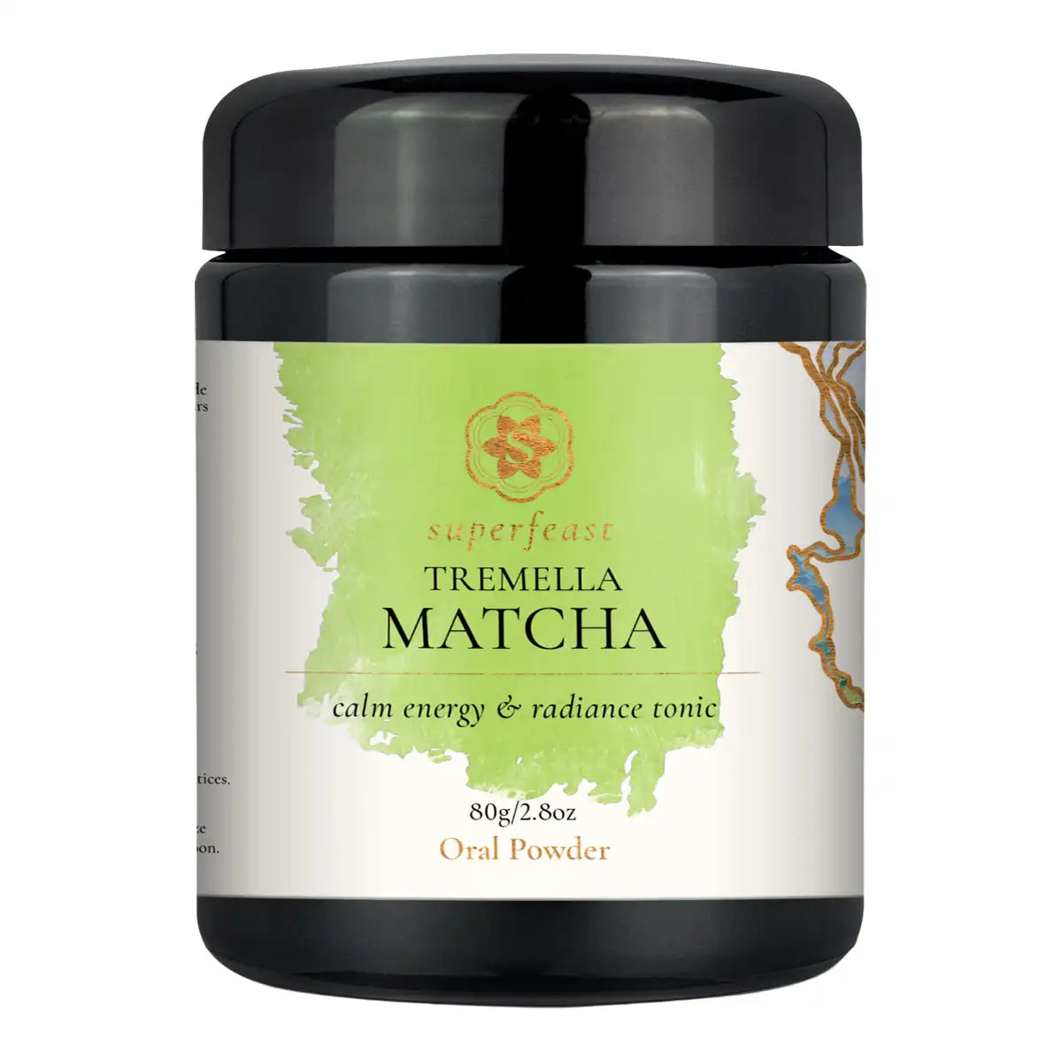 Black jar of SuperFeast Tremella Matcha with a black lid, featuring a white and light green label.