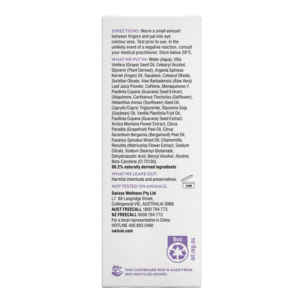 Back of a Swisse product packaging with text and branding.