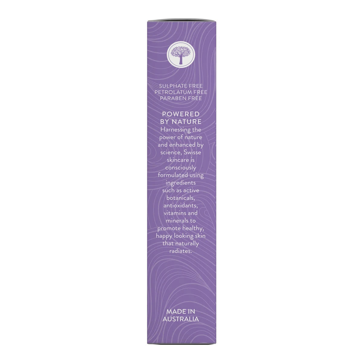 Purple cylindrical packaging with text on a white background