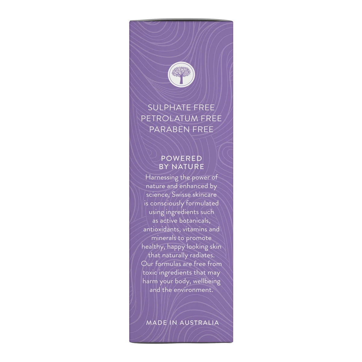Side of box packaging of argan facial oil with purple design and 'powered by nature'. Sulphate, petrolatum & paraben free.