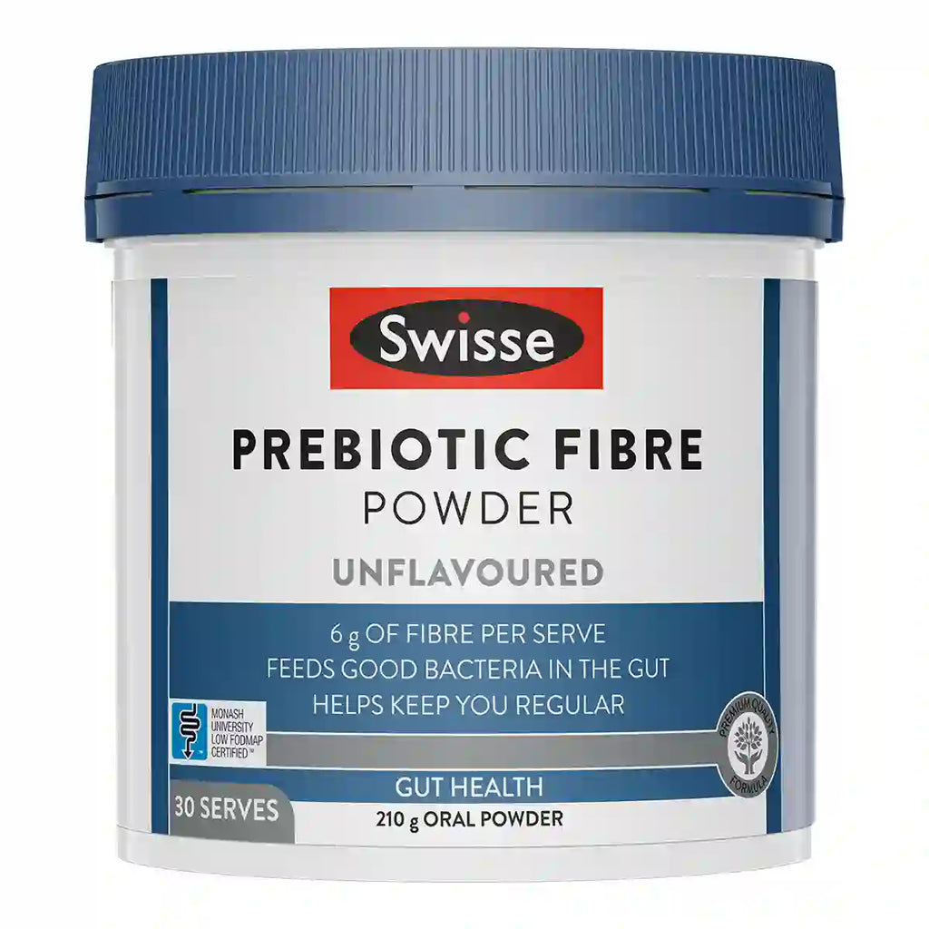 A white plastic tub of Swisse Prebiotic Fibre Powder with a dark blue lid.