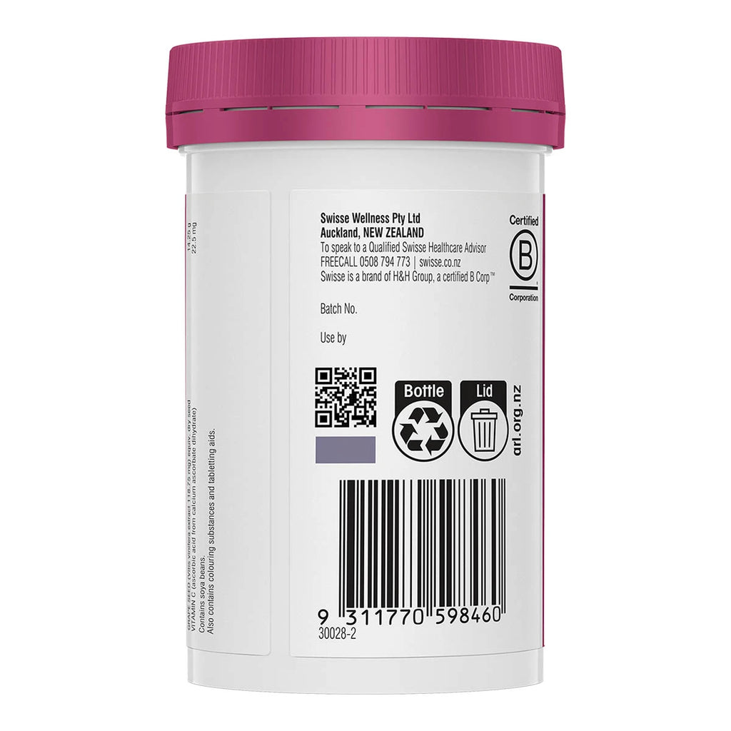 Back of Swisse Ultiboost Grapeseed container with barcode and b corp logo.
