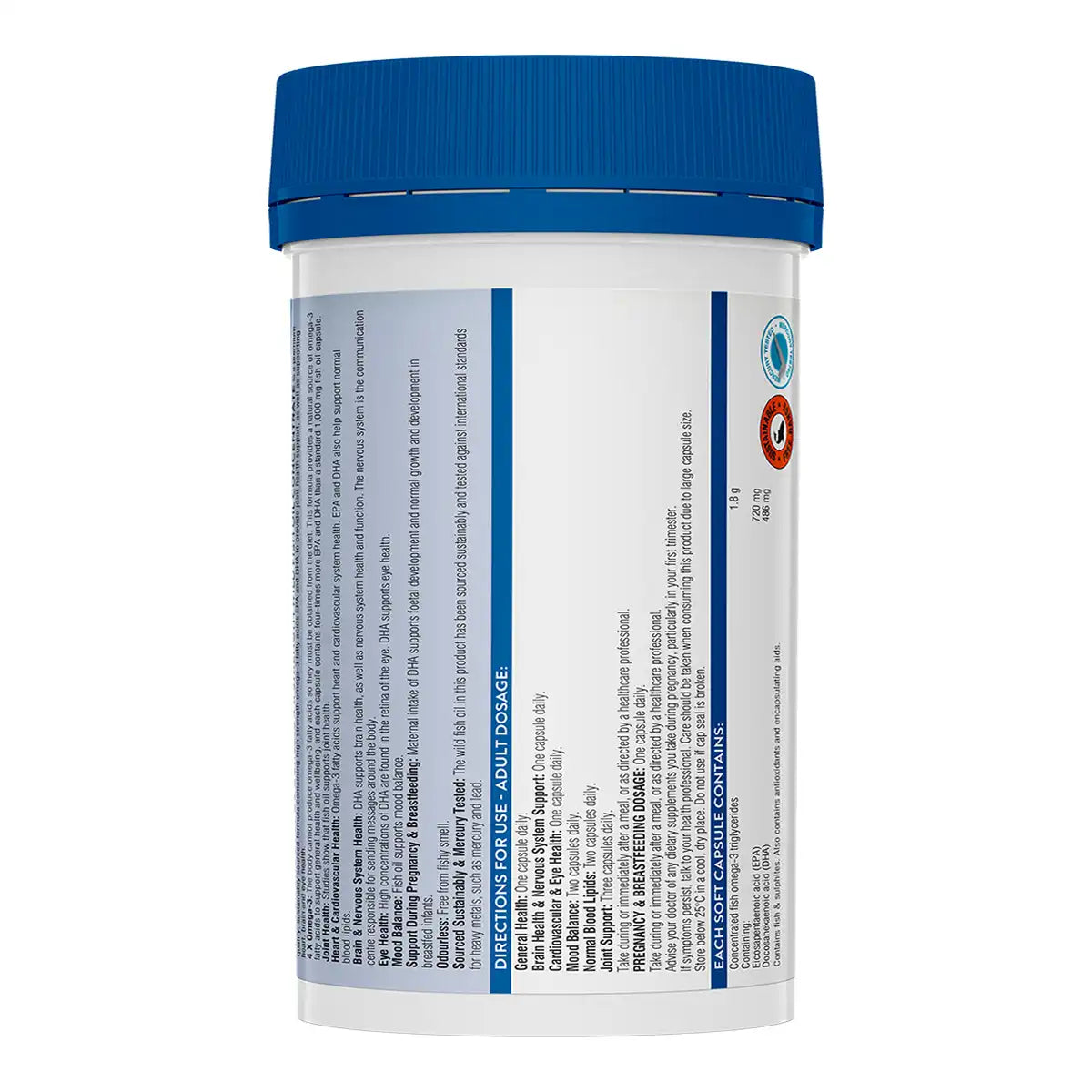 A white plastic supplement bottle with a blue ribbed cap, showing the back label with text and icons.