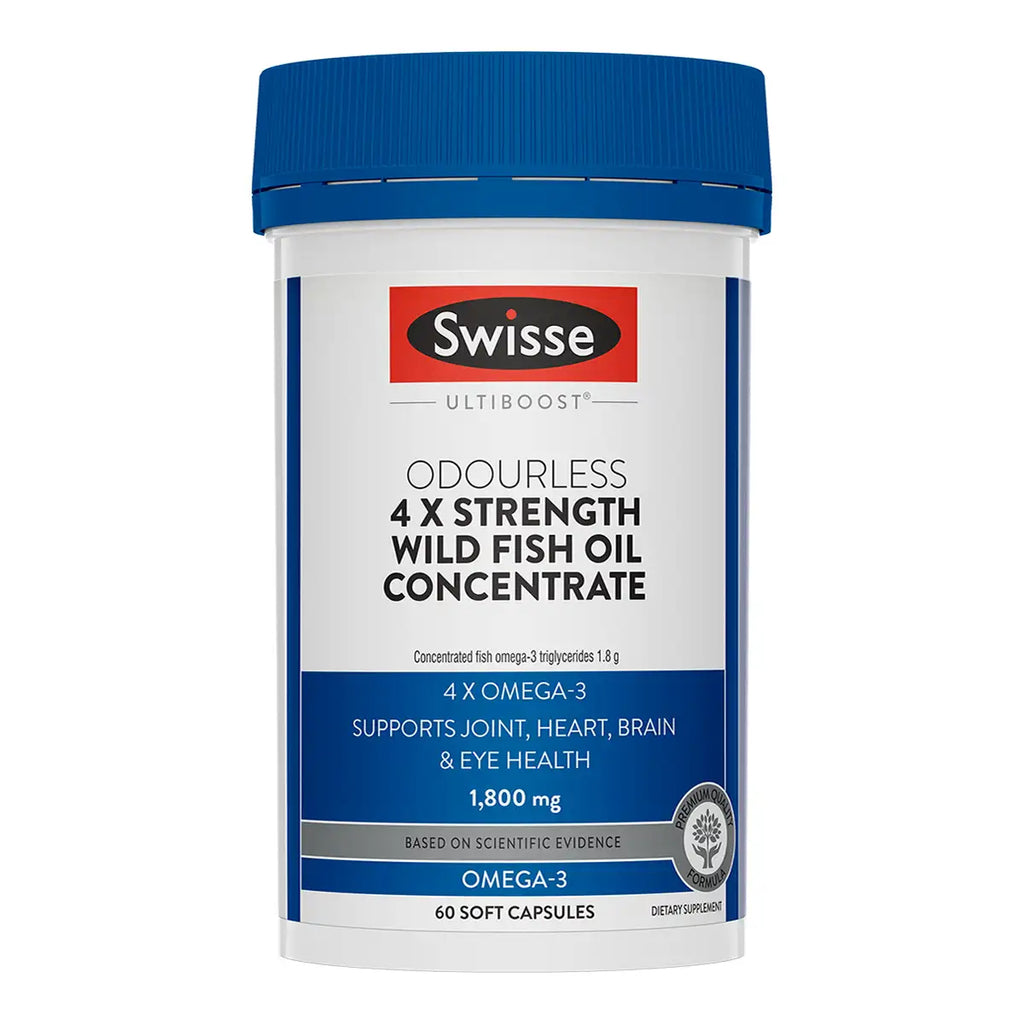 A white plastic bottle of Swisse Ultiboost Odourless 4X Strength Wild Fish Oil Concentrate with a blue cap and blue label accents.