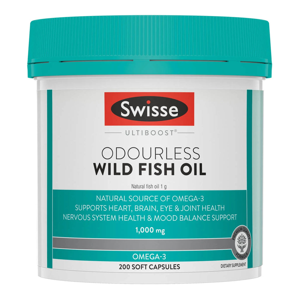 Swisse Ultiboost Odourless Wild Fish Oil 200 capsules container on a white background