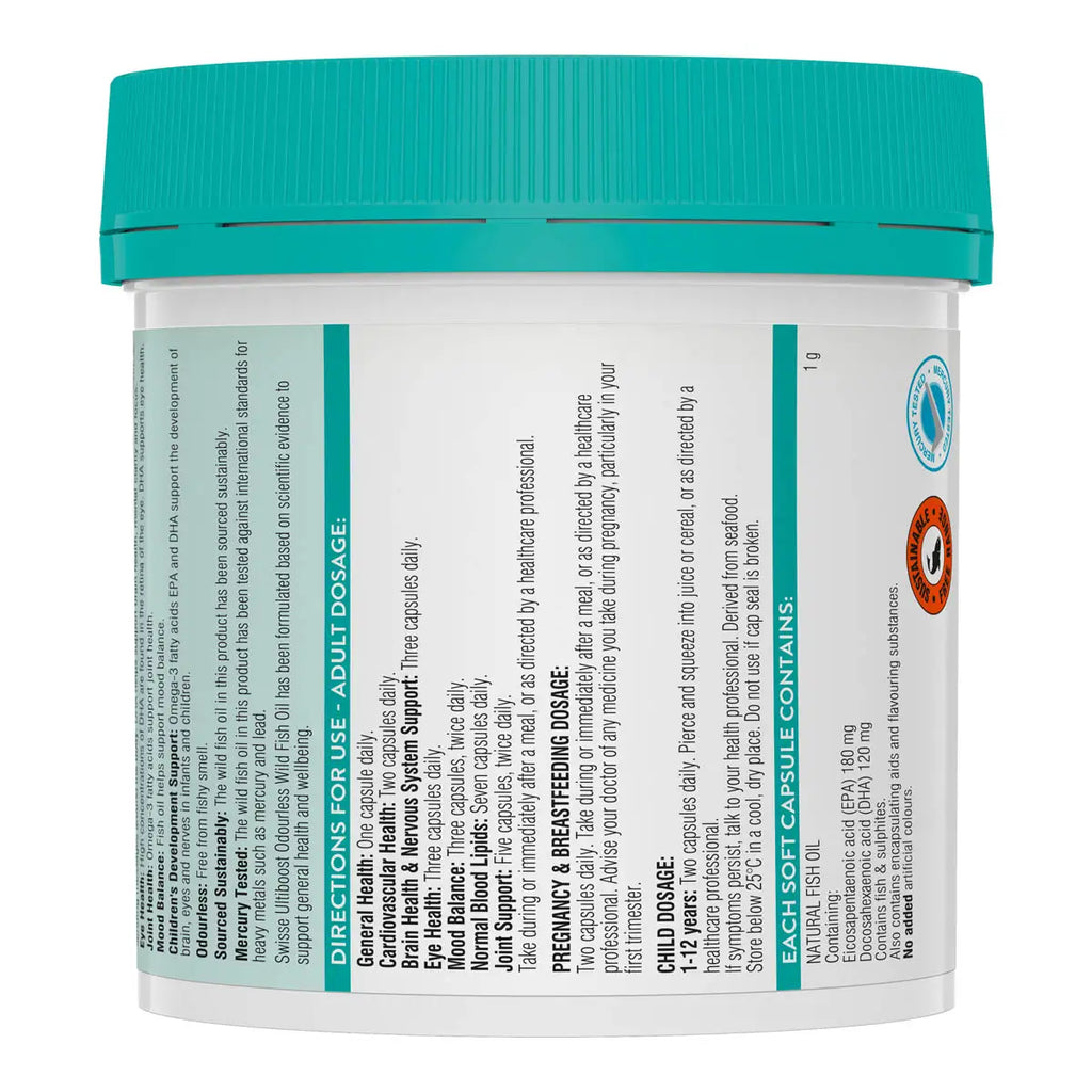 Side of ultiboost fish oil showing ingredients, directions for usage and other product information.