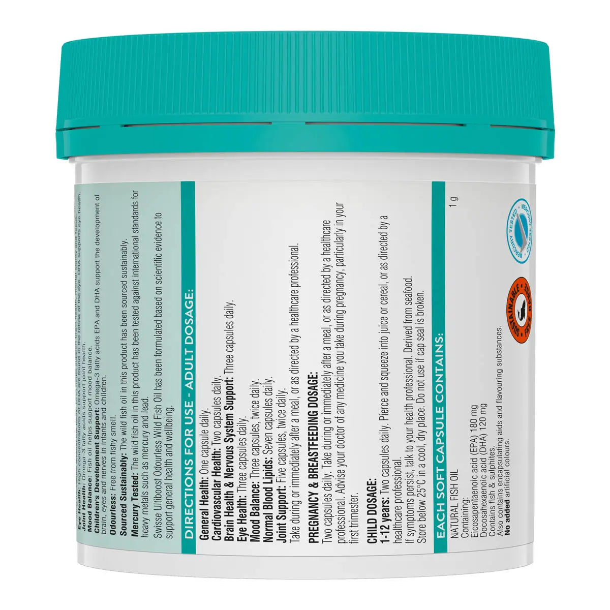 Side of ultiboost fish oil showing ingredients, directions for usage and other product information.