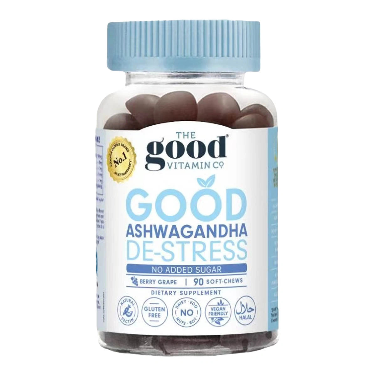 Bottle of 'Good Ashwagandha De-Stress' supplements from The Good Vitamin Co on a white background.