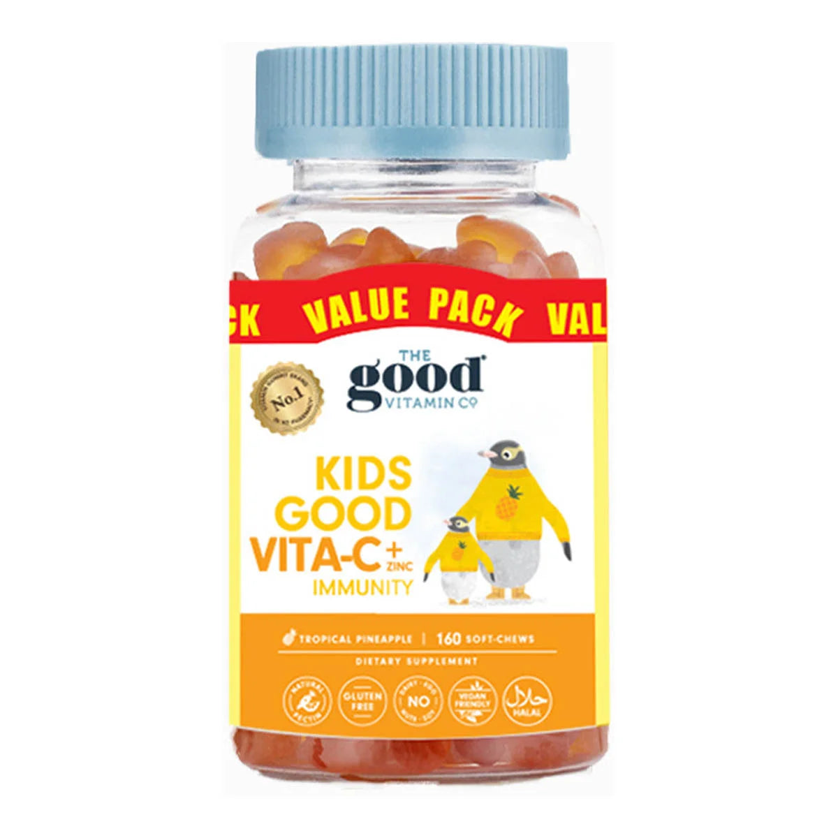 Bottle of 'Kids Good Vita-C+ Immunity' supplements from The Good Vitamin Co on a white background