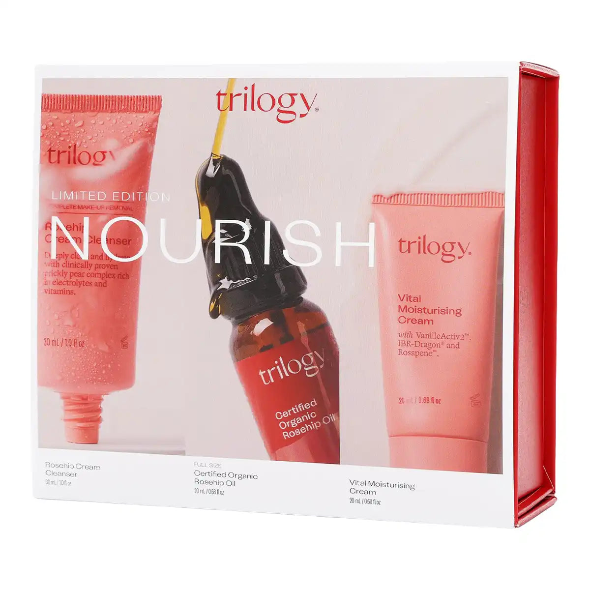 Trilogy Nourish Limited Edition skincare gift set in a white box with red side panels, showing a cleanser tube, rosehip oil dropper bottle, and moisturiser tube.