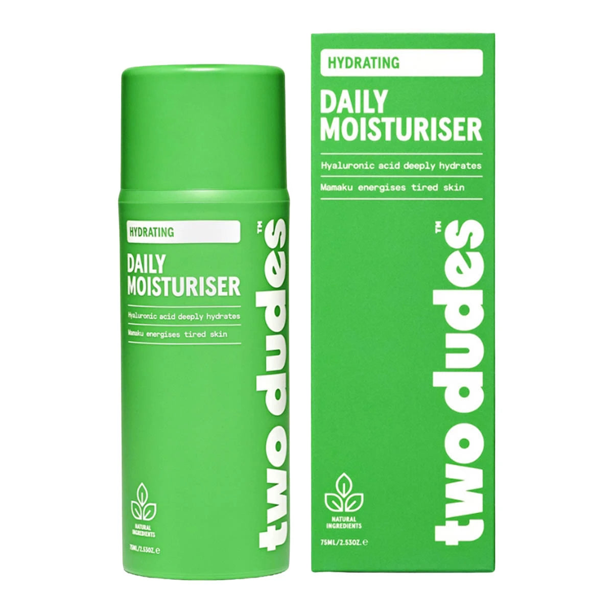 A green cylindrical bottle and matching rectangular box of Two Dudes Daily Moisturiser on a plain white background.
