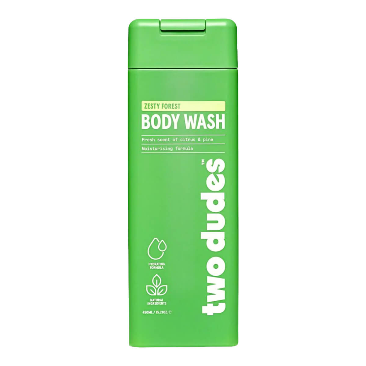 Green body wash bottle labeled 'two dudes' on a white background