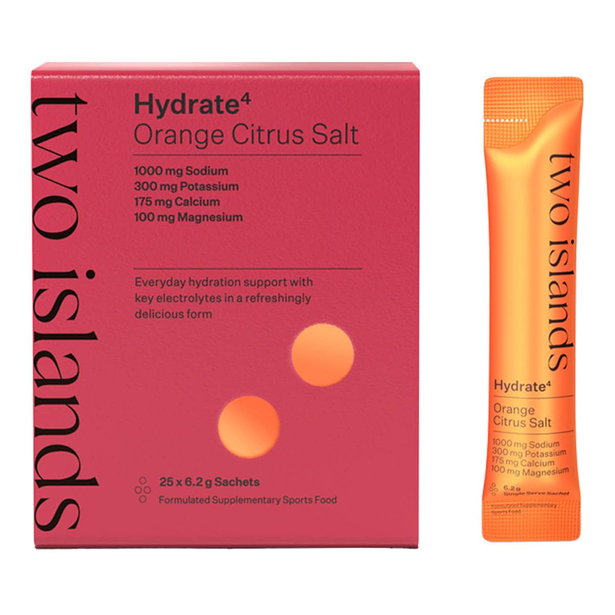 Two Islands Hydrate4 Orange Citrus Salt packaging and a single sachet on a white background