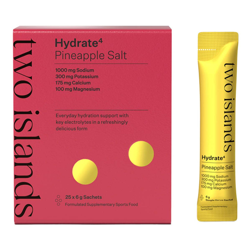 Two Islands Hydrate4 Pineapple Salt packaging and a yellow sachet on a white background.