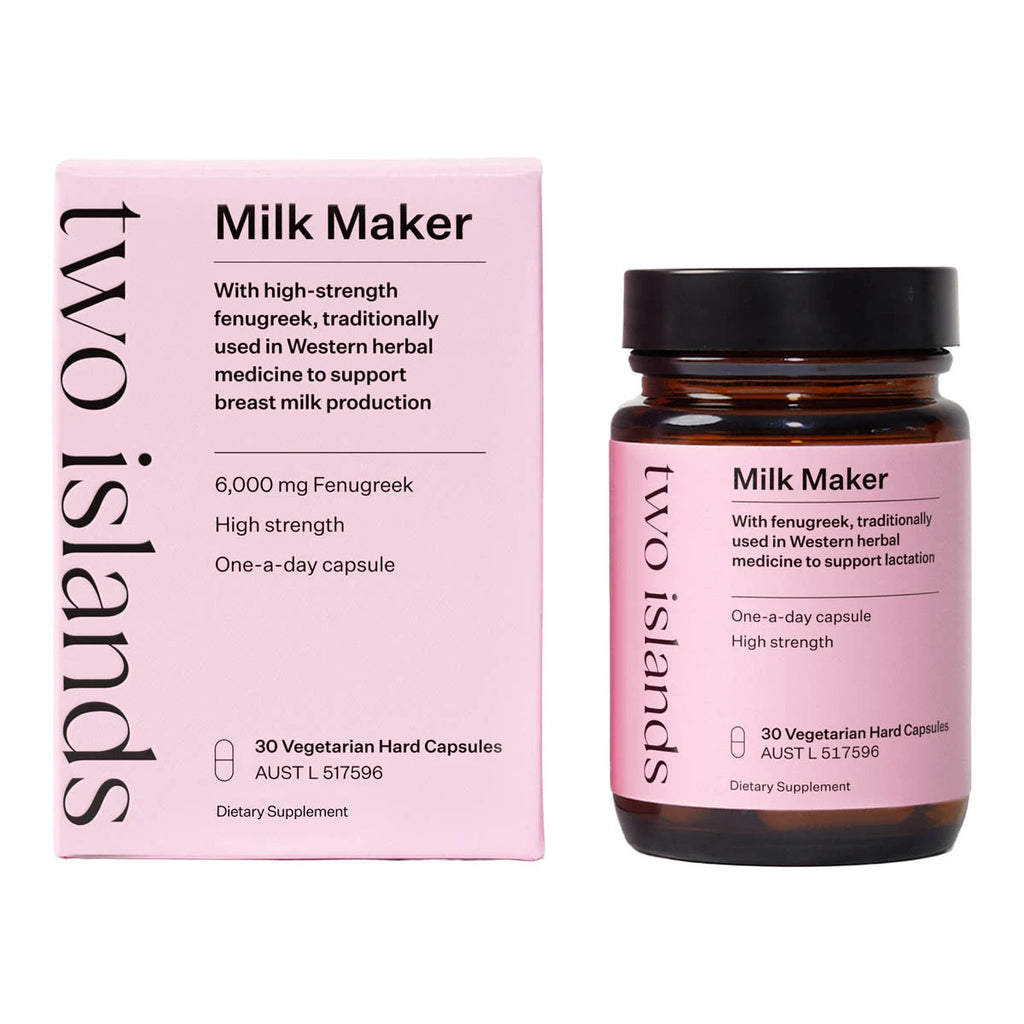 Two Islands Milk Maker pink box packaging and 30 capsule glass supplement bottle on a white background. With fenugreek, traditionally used in Western herbal medicine to support lactation. One a day capsule, high strength. 