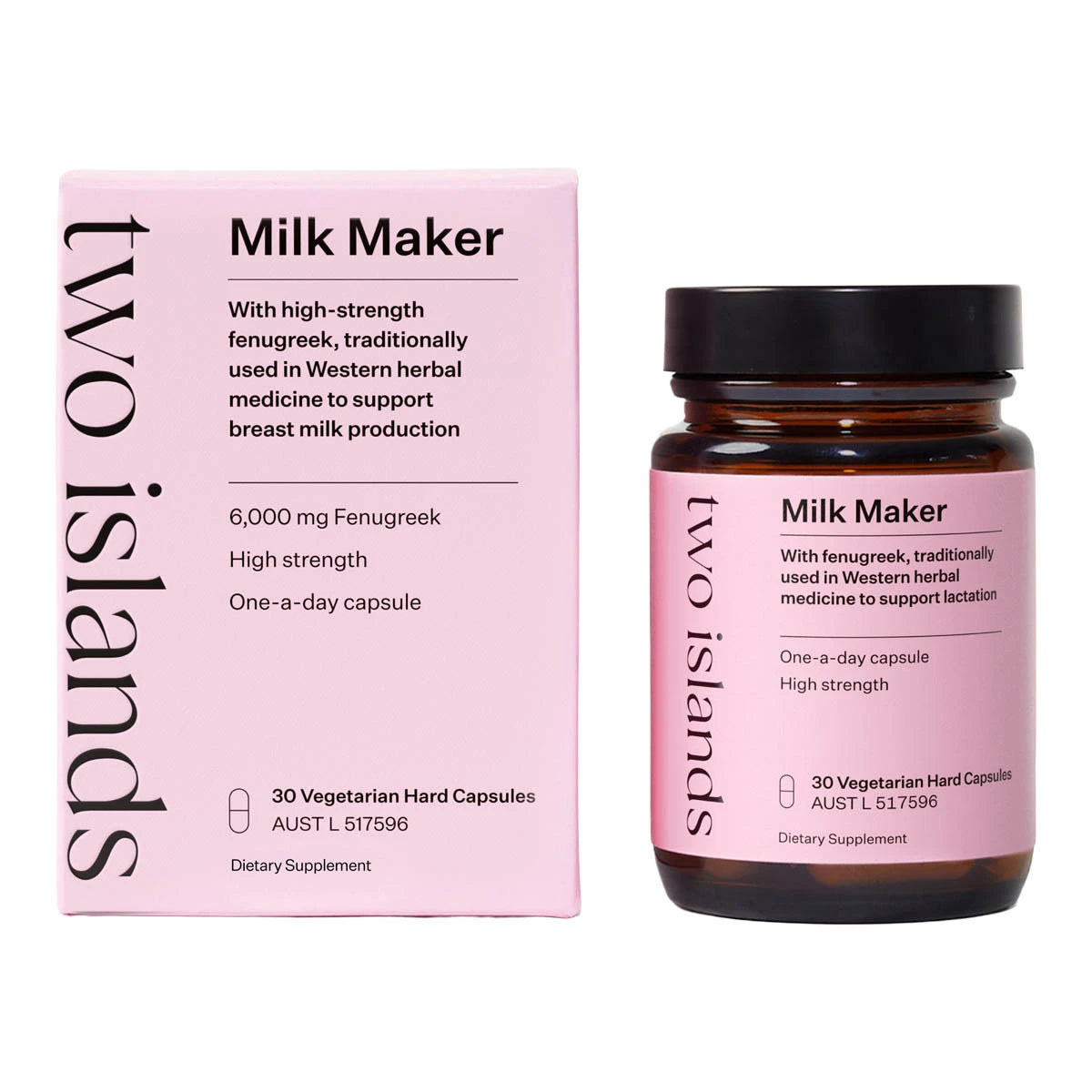 Two Islands Milk Maker pink box packaging and 30 capsule glass supplement bottle on a white background. With fenugreek, traditionally used in Western herbal medicine to support lactation. One a day capsule, high strength. 