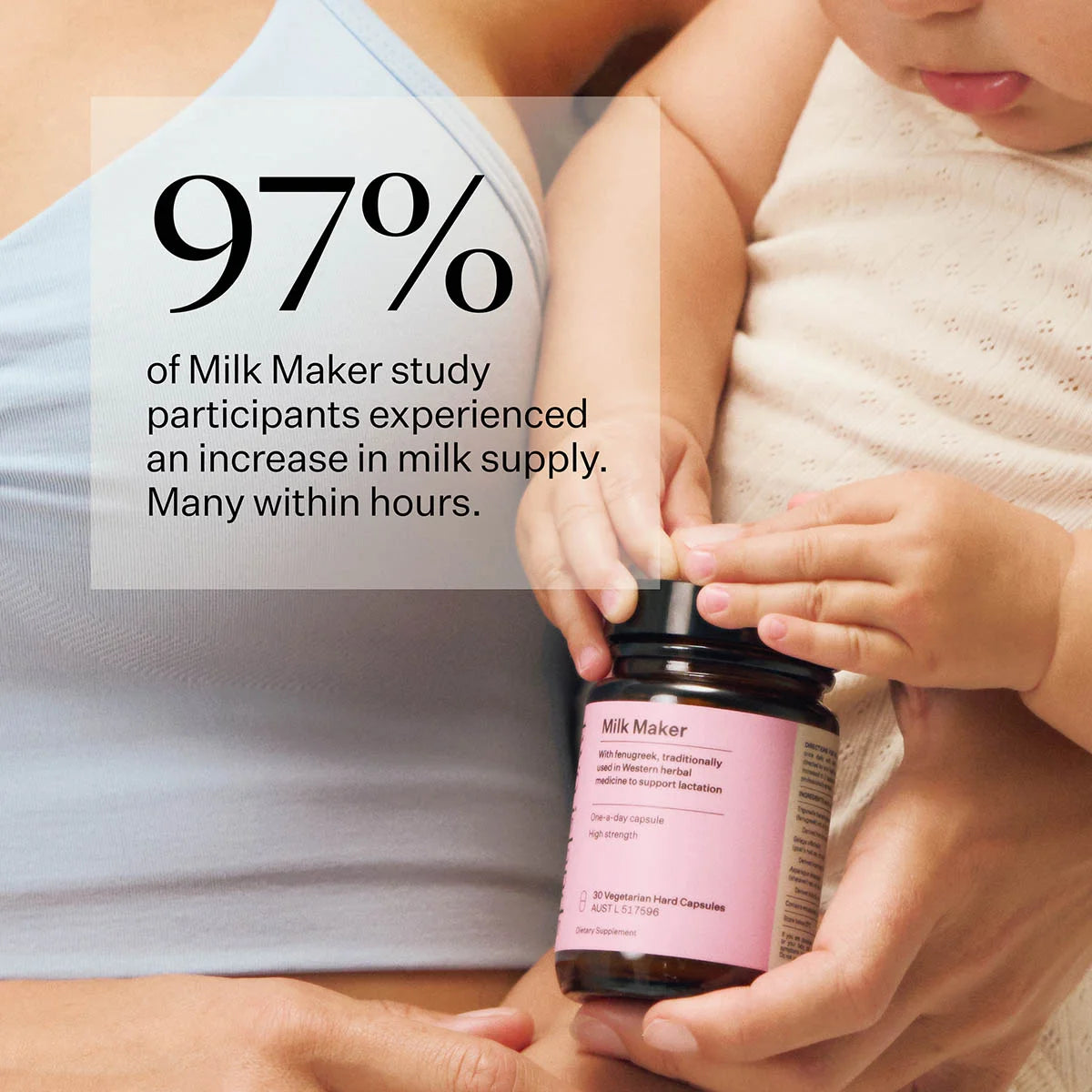 97% of Milk Maker study participants experienced an increase in milk supply. Many within hours. Woman holding baby in her arms along with a bottle of Milk Maker.