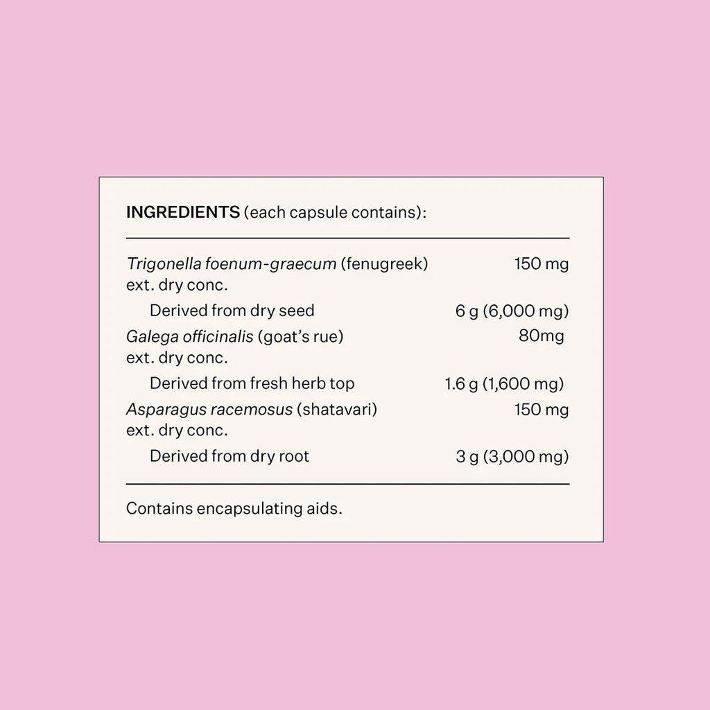 Ingredients contained within each capsule - fenugreek, goat's rue, shatavari. 
