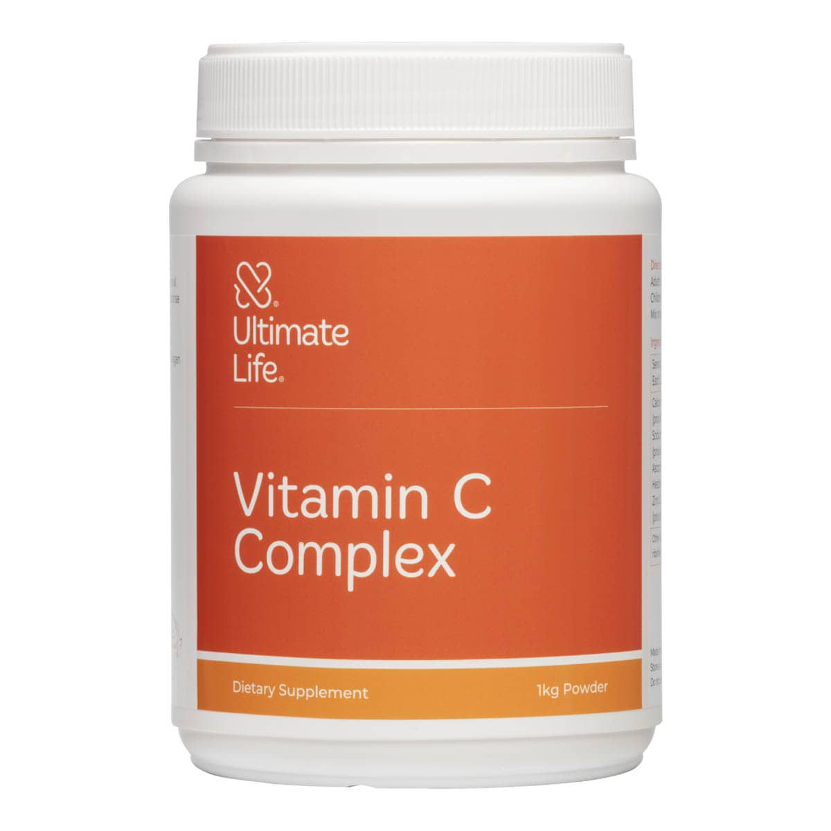 Supplement container labeled 'Vitamin C Complex' by 'Ultimate Life' on an orange background.
