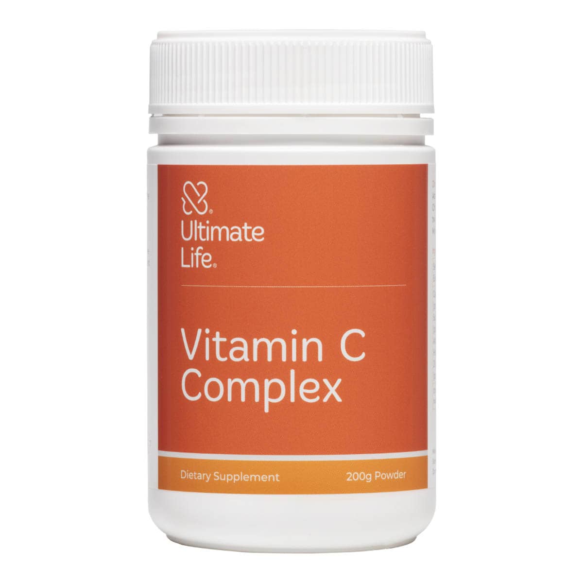 Supplement container labeled 'Vitamin C Complex' by 'Ultimate Life' on a white background