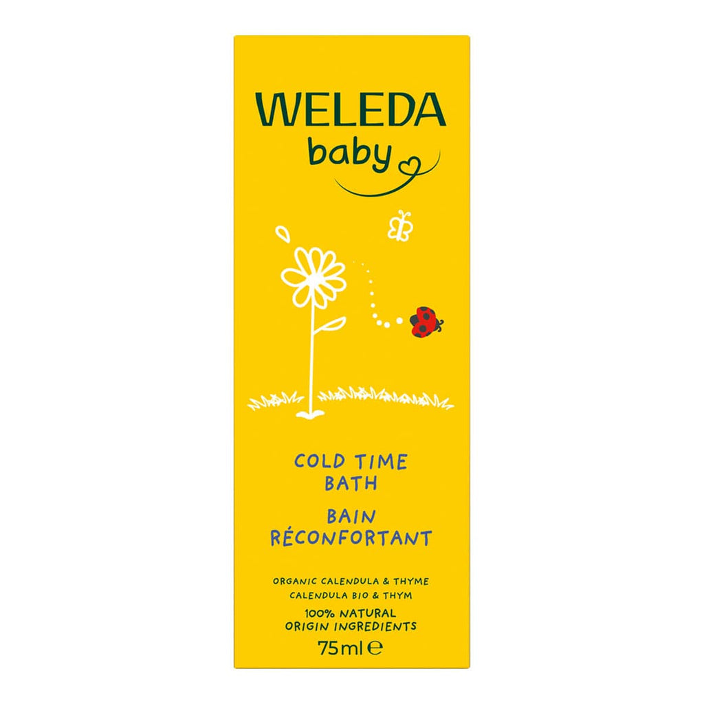 Weleda Baby Cold Time Bath product in yellow packaging with an illustration of a ladybug and a flower.
