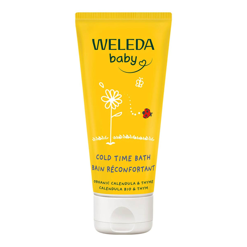 Weleda Baby Cold Time Bath tube on a white background with organic calendula and thyme.