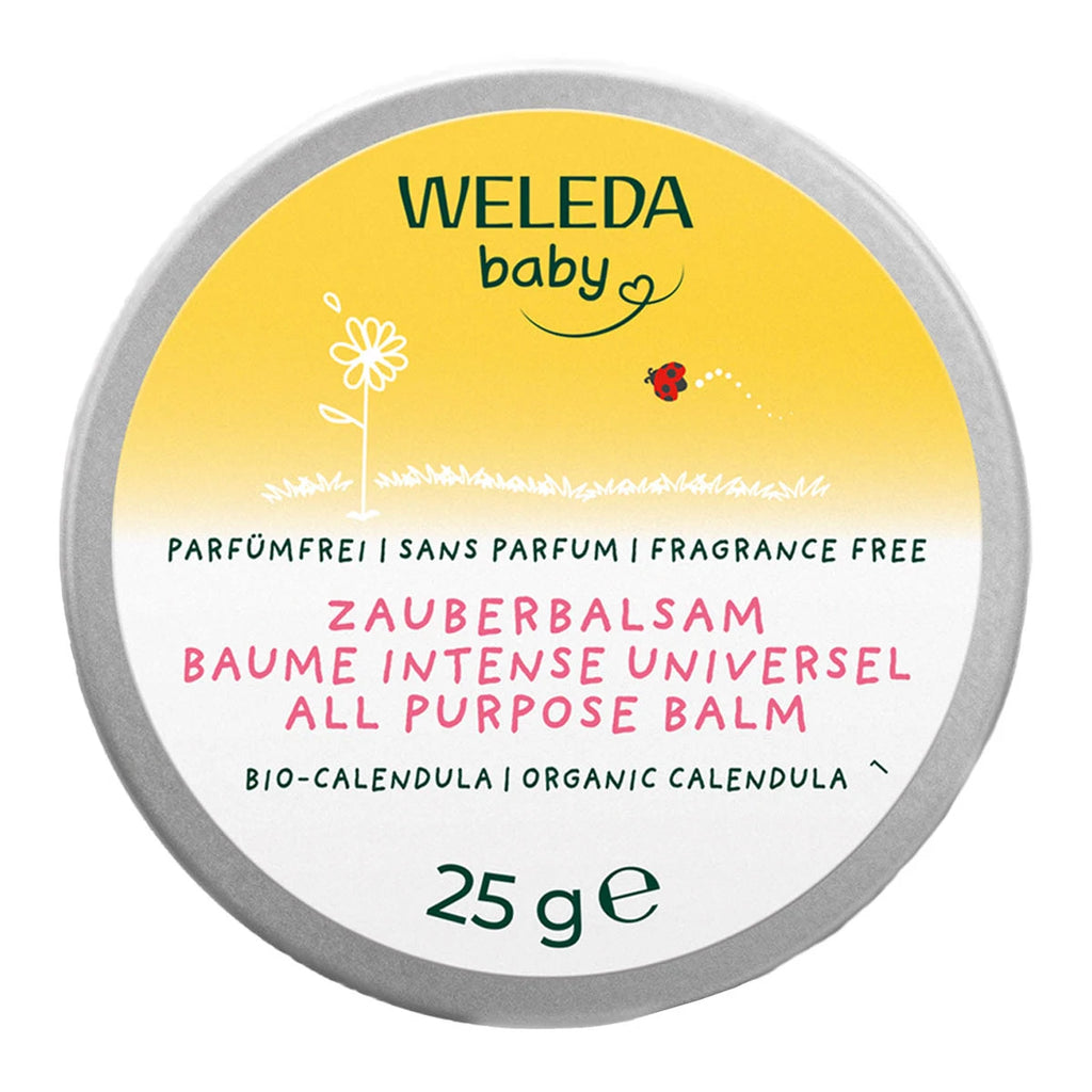 Weleda baby balm container with yellow lid and white base