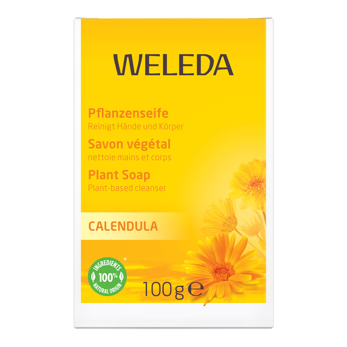 Weleda calendula plant soap yellow packaging with calendula flower image.