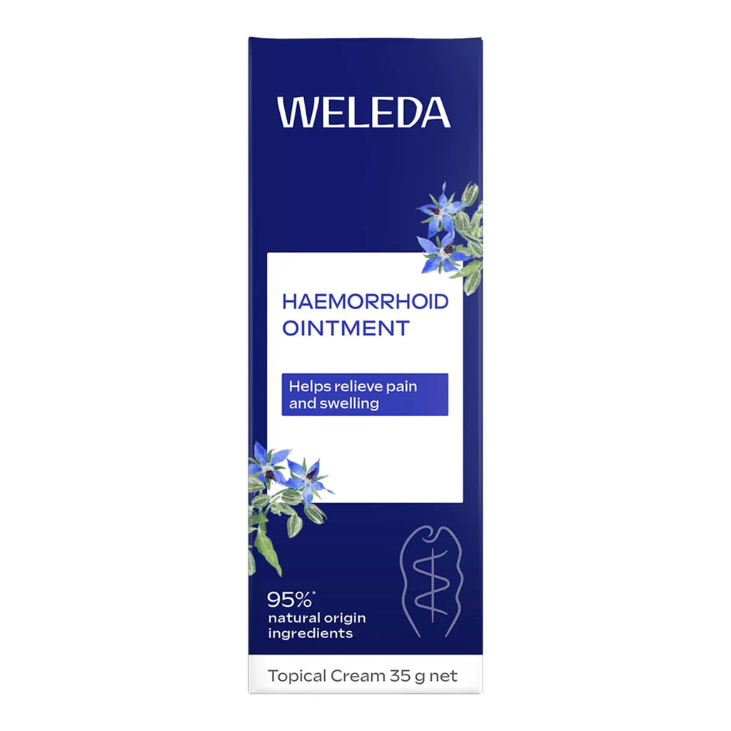Weleda Haemorrhoid Ointment box packaging. 95% natural origin ingredients.