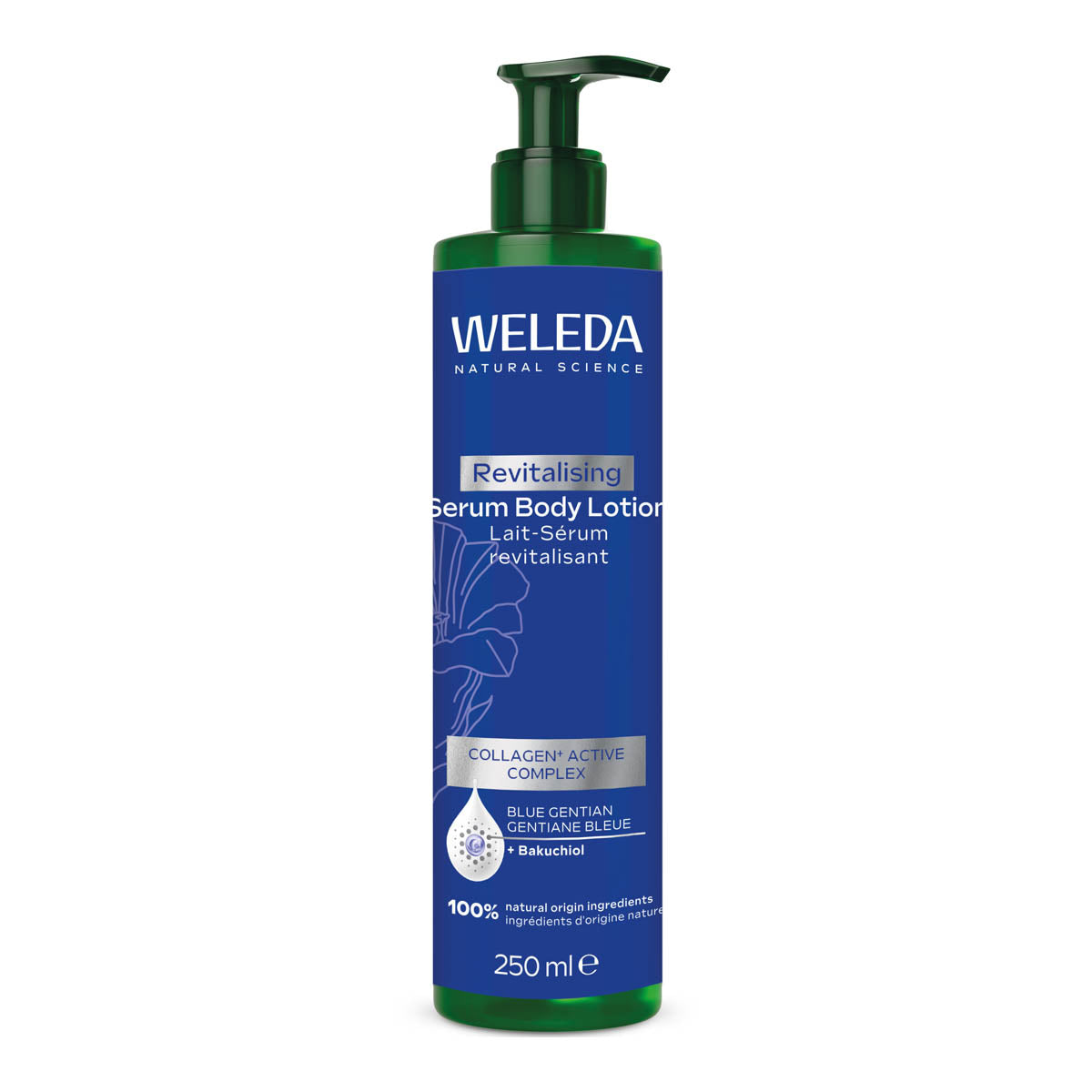 Weleda revitalizing serum body lotion bottle on a white background. Collagen+ Active Complex with Bakuchiol.