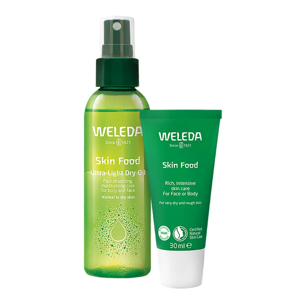Weleda Skin Food set featuring a green spray bottle and green tube with a white cap, displayed on a clean white background.