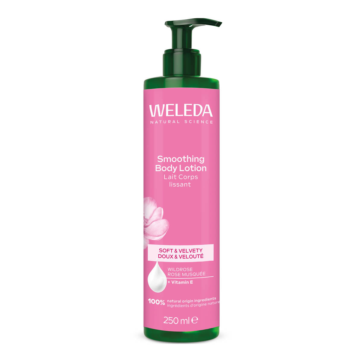 Weleda smoothing body lotion bottle on a white background. Soft + velvety. Wild rose.