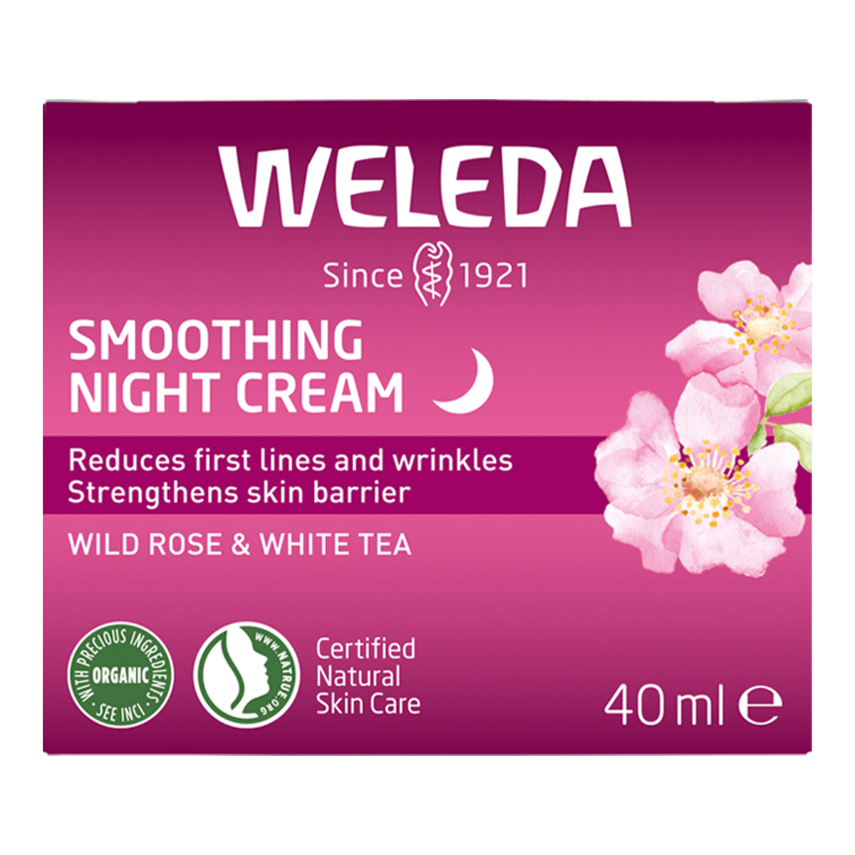 Weleda smoothing night cream packaging with pink background and floral design.