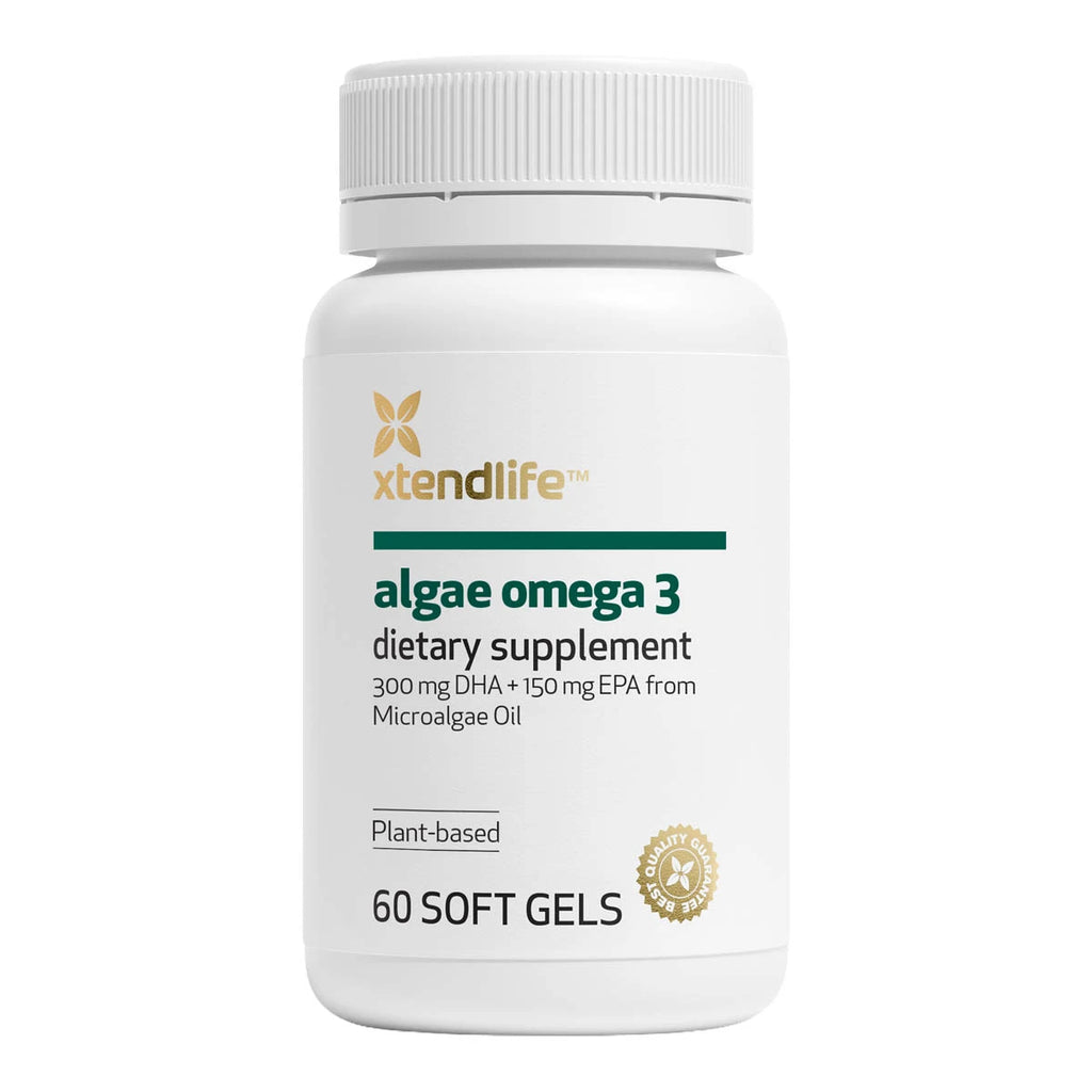 White bottle of xtendlife algae omega 3 dietary supplement on a white background